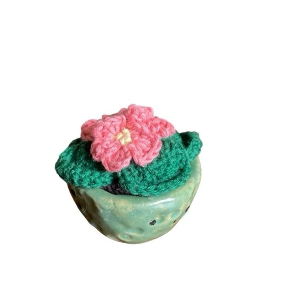 Crochet African Violet in Clay Vase Pink Flowers Handmade Crocheted Plant Decor